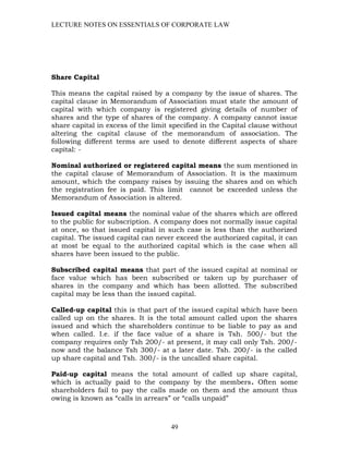 LECTURE NOTES ON ESSENTIALS OF CORPORATE LAW
Share Capital
This means the capital raised by a company by the issue of shar...