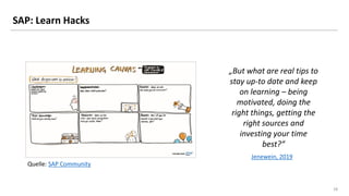 1818
SAP: Learn Hacks
„But what are real tips to
stay up-to date and keep
on learning – being
motivated, doing the
right things, getting the
right sources and
investing your time
best?“
Jenewein, 2019
Quelle: SAP Community
 