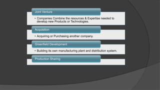 • Companies Combine the resources & Expertise needed to
develop new Products or Technologies.
Joint Venture
• Acquiring or Purchasing another company.
Acquisition
• Building its own manufacturing plant and distribution system.
Greenfield Development
Production Sharing
 