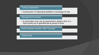• Construction of Operating facilities in exchange for fee.
Turnkey Operations
• A corporation may use its personnel to assist a firm in a
host country for a specified fee & period of time.
Management Contract
Build-Operate-Transfer / BOT Concept
Outsourcing
 