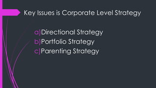 Key Issues is Corporate Level Strategy
a)Directional Strategy
b)Portfolio Strategy
c)Parenting Strategy
 