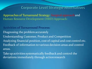 Approaches of Turnaround Strategy: Surgical approachand
Human Resource Development (HRD) Approach:
Activities of Turnaround Process:
Diagnosing the problemaccurately
Understanding Customer, Product and Competition
Analyzing financial position, cost of capital and cost control etc.
Feedback of information to various decision areas and control
areas.
Takeupactivitiessystematically feedback and control the
deviations immediately through actionresearch
 