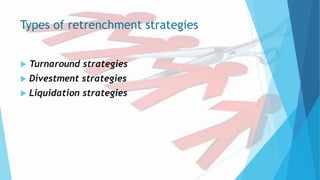 Types of retrenchment strategies
 Turnaround strategies
 Divestment strategies
 Liquidation strategies
 