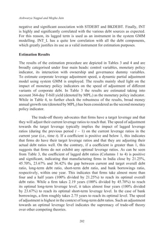 Aishwarya Nagpal and Megha Jain
202
negative and significant association with STDEBT and BKDEBT. Finally, INT
is highly and significantly correlated with the various debt sources as expected.
For this reason, its lagged term is used as an instrument in the system GMM
modelling. INT_L has a quite low correlation with all the debt components,
which greatly justifies its use as a valid instrument for estimation purposes.
Estimation Results
The results of the estimation procedure are depicted in Tables 3 and 4 and are
broadly categorised under four main heads: control variables, monetary policy
indicator, its interaction with ownership and governance dummy variables.
To estimate corporate leverage adjustment speed, a dynamic partial adjustment
model using system GMM is employed. The results mainly shed light on the
impact of monetary policy indicators on the speed of adjustment of different
variants of corporate debt. In Table 3 the results are estimated taking into
account 364-day T-bill yield (denoted by MPIt1) as the monetary policy indicator.
While in Table 4, to further check the robustness of the results, broad money
annual growth rate (denoted by MPIt2) has been considered as the second monetary
policy indicator.
The trade-off theory advocates that firms have a target leverage and that
they will adjust their current leverage ratios to reach that. The speed of adjustment
towards the target leverage typically implies the impact of lagged leverage
ratios (during the previous period t – 1) on the current leverage ratios in the
current year (i.e., time t). If a coefficient is positive and below 1, this indicates
that firms do have their target leverage ratios and that they are adjusting their
actual debt ratios well. On the contrary, if a coefficient is greater than 1, this
suggests that firms do not exhibit any optimal leverage ratios. As can be seen
from Table 3, the coefficient of lagged debt ratios (Columns 1 to 4) is positive
and significant, indicating that manufacturing firms in India close by 21.25%,
45.70%, 23.67% and 36.42% the gap between current and target overall debt
ratio, long-term debt ratio, short-term debt ratio, and bank borrowings ratio,
respectively, within one year. This indicates that firms take almost more than
four and a half years (100% divided by 21.25%) to reach its optimal overall
debt ratio. While a firm takes 2.19  years (100% divided by 45.70%) to reach
its optimal long-term leverage level, it takes almost four years (100% divided
by 23.67%) to reach its optimal short-term leverage level. In the case of bank
borrowings, a firm roughly takes 2.75 years to reach its optimal level. The speed
of adjustment is highest in the context of long-term debt ratios. Such an adjustment
towards an optimal leverage level indicates the supremacy of trade-off theory
over other competing theories.
 