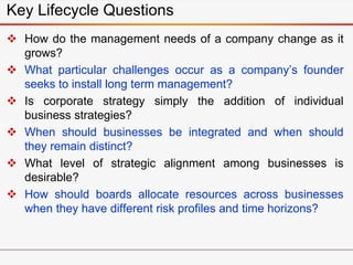 Key Lifecycle Questions
 How do the management needs of a company change as it
grows?
 What particular challenges occur as a company’s founder
seeks to install long term management?
 Is corporate strategy simply the addition of individual
business strategies?
 When should businesses be integrated and when should
they remain distinct?
 What level of strategic alignment among businesses is
desirable?
 How should boards allocate resources across businesses
when they have different risk profiles and time horizons?
 