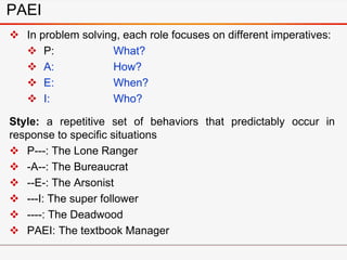 PAEI
 In problem solving, each role focuses on different imperatives:
 P: What?
 A: How?
 E: When?
 I: Who?
Style: a repetitive set of behaviors that predictably occur in
response to specific situations
 P---: The Lone Ranger
 -A--: The Bureaucrat
 --E-: The Arsonist
 ---I: The super follower
 ----: The Deadwood
 PAEI: The textbook Manager
 
