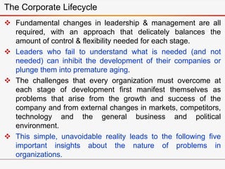  Fundamental changes in leadership & management are all
required, with an approach that delicately balances the
amount of control & flexibility needed for each stage.
 Leaders who fail to understand what is needed (and not
needed) can inhibit the development of their companies or
plunge them into premature aging.
 The challenges that every organization must overcome at
each stage of development first manifest themselves as
problems that arise from the growth and success of the
company and from external changes in markets, competitors,
technology and the general business and political
environment.
 This simple, unavoidable reality leads to the following five
important insights about the nature of problems in
organizations.
The Corporate Lifecycle
 