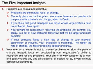 1. Problems are normal and desirable.
 Problems are the natural result of change.
 The only place on the lifecycle curve where there are no problems is
the place where there is no change, which is Death.
 If you think that good managers are those whose organizations have
no problems, think again.
 Your reward for successfully resolving the problems that confront you
today, is a set of new problems tomorrow that will be larger and more
complex.
 If your company faces a high rate of change in your markets,
technology or industry, your challenge is magnified. The faster the
rate of change, the faster problems appear and grow.
2. Your role as a leader is not to prevent problems or slow the pace of
change. Instead, focus on accelerating your organization's ability to
recognize and resolve problems. Your ability to work together as a team
and quickly tackle any and all situations, or decide not to, is your ultimate
competitive advantage.
The Five Important Insights
 