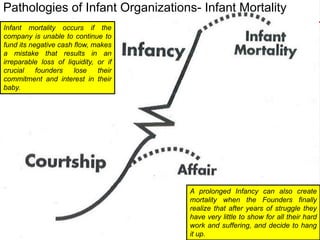Infant mortality occurs if the
company is unable to continue to
fund its negative cash flow, makes
a mistake that results in an
irreparable loss of liquidity, or if
crucial founders lose their
commitment and interest in their
baby.
A prolonged Infancy can also create
mortality when the Founders finally
realize that after years of struggle they
have very little to show for all their hard
work and suffering, and decide to hang
it up.
Pathologies of Infant Organizations- Infant Mortality
 