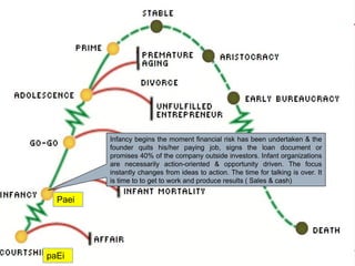 Infancy begins the moment financial risk has been undertaken & the
founder quits his/her paying job, signs the loan document or
promises 40% of the company outside investors. Infant organizations
are necessarily action-oriented & opportunity driven. The focus
instantly changes from ideas to action. The time for talking is over. It
is time to to get to work and produce results ( Sales & cash)
Paei
paEi
 