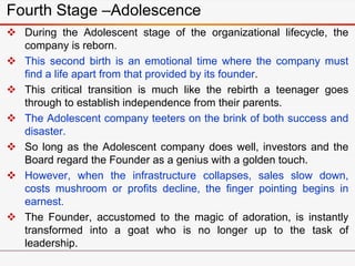 Fourth Stage –Adolescence
 During the Adolescent stage of the organizational lifecycle, the
company is reborn.
 This second birth is an emotional time where the company must
find a life apart from that provided by its founder.
 This critical transition is much like the rebirth a teenager goes
through to establish independence from their parents.
 The Adolescent company teeters on the brink of both success and
disaster.
 So long as the Adolescent company does well, investors and the
Board regard the Founder as a genius with a golden touch.
 However, when the infrastructure collapses, sales slow down,
costs mushroom or profits decline, the finger pointing begins in
earnest.
 The Founder, accustomed to the magic of adoration, is instantly
transformed into a goat who is no longer up to the task of
leadership.
 