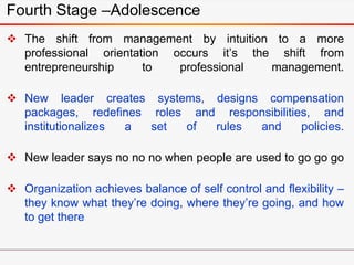  The shift from management by intuition to a more
professional orientation occurs it’s the shift from
entrepreneurship to professional management.
 New leader creates systems, designs compensation
packages, redefines roles and responsibilities, and
institutionalizes a set of rules and policies.
 New leader says no no no when people are used to go go go
 Organization achieves balance of self control and flexibility –
they know what they’re doing, where they’re going, and how
to get there
Fourth Stage –Adolescence
 