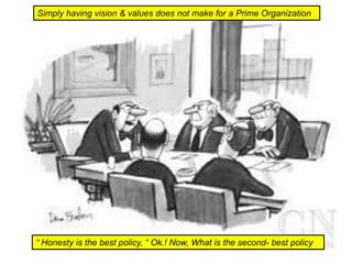 Simply having vision & values does not make for a Prime Organization
“ Honesty is the best policy, “ Ok.! Now, What is the second- best policy
 
