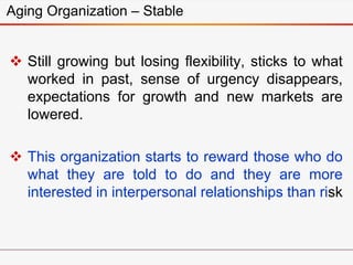 Aging Organization – Stable
 Still growing but losing flexibility, sticks to what
worked in past, sense of urgency disappears,
expectations for growth and new markets are
lowered.
 This organization starts to reward those who do
what they are told to do and they are more
interested in interpersonal relationships than risk
 