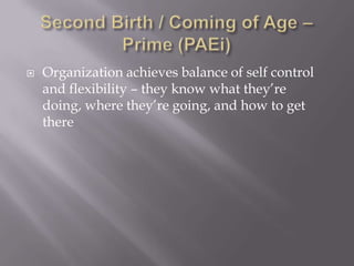 Second Birth / Coming of Age – Prime (PAEi)Organization achieves balance of self control and flexibility – they know what they’re doing, where they’re going, and how to get there