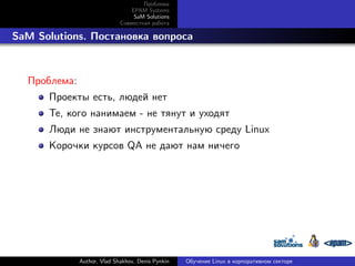 Проблема
EPAM Systems
SaM Solutions
Совместная работа

. SaM Solutions. Постановка вопроса

Проблема:
Проекты есть, людей нет
Те, кого нанимаем - не тянут и уходят
Люди не знают инструментальную среду Linux
Корочки курсов QA не дают нам ничего

Author, Vlad Shakhov, Denis Pynkin

Обучение Linux в корпоративном секторе

 