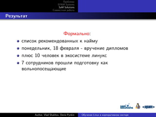 Проблема
EPAM Systems
SaM Solutions
Совместная работа

. Результат

Формально:
список рекомендованных к найму
понедельник, 18 февраля - вручение дипломов
плюс 10 человек в экосистеме линукс
7 сотрудников прошли подготовку как
вольнопосещающие

Author, Vlad Shakhov, Denis Pynkin

Обучение Linux в корпоративном секторе

 