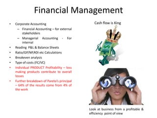 Financial Management
•   Corporate Accounting                         Cash flow is King
      – Financial Accounting – for external
         stakeholders
      – Managerial Accounting - For
         internal
•   Reading P&L & Balance Sheets
•   Ratio/GP/NP,ROI etc Calculations
•   Breakeven analysis
•   Type of costs (FC/VC)
•   Individual PRODUCT Profitability – loss
    making products contribute to overall
    losses
•   Further breakdown of Pareto’s principal
    – 64% of the results come from 4% of
    the work




                                              Look at business from a profitable &
                                              efficiency point of view
 