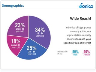 Demographics In Sonico all age groups are very active, our segmentation capacity allow us to  reach your specific group of interest Wide Reach! 