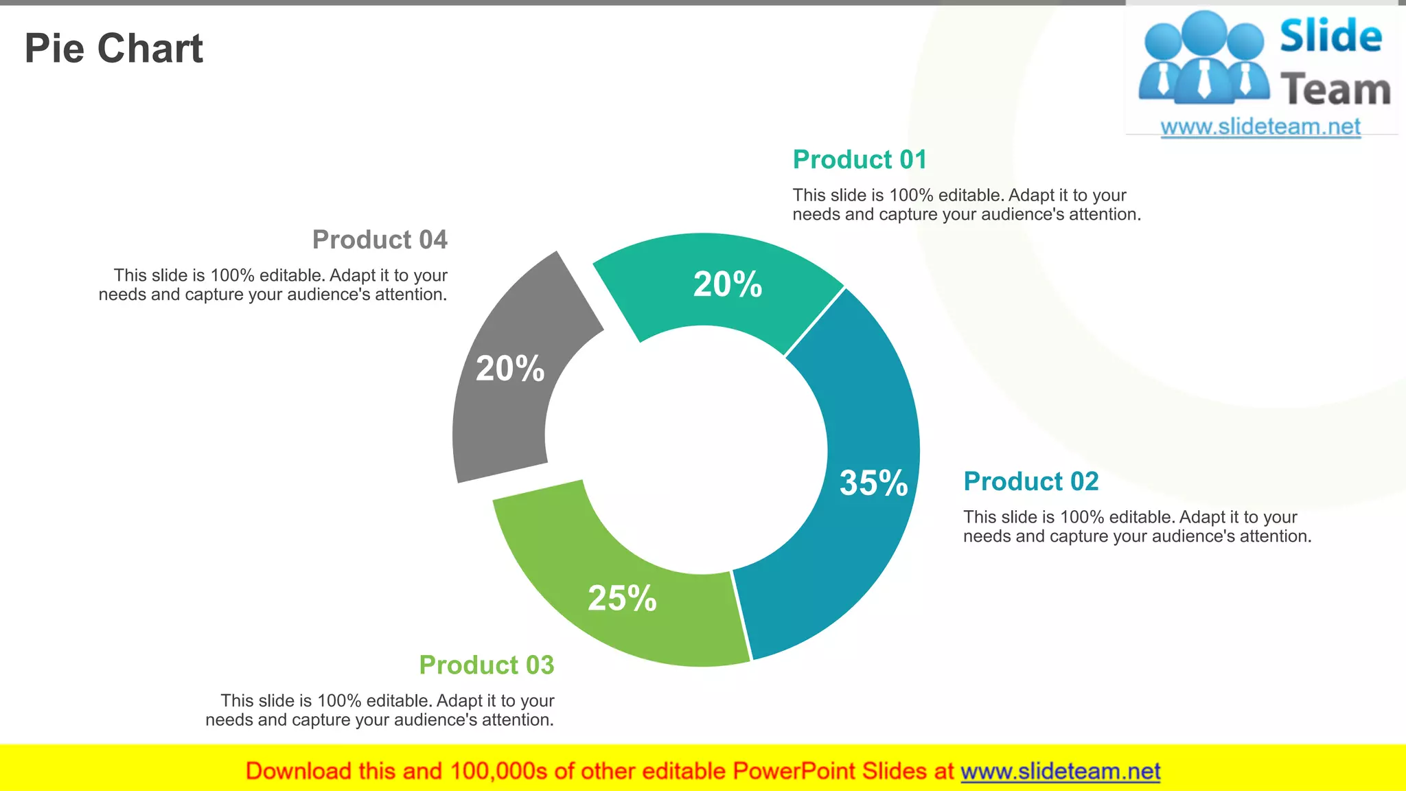 Pie Chart
11
35%
25%
20%
20%
This slide is 100% editable. Adapt it to your
needs and capture your audience's attention.
Product 01
This slide is 100% editable. Adapt it to your
needs and capture your audience's attention.
Product 02
This slide is 100% editable. Adapt it to your
needs and capture your audience's attention.
Product 03
This slide is 100% editable. Adapt it to your
needs and capture your audience's attention.
Product 04
 