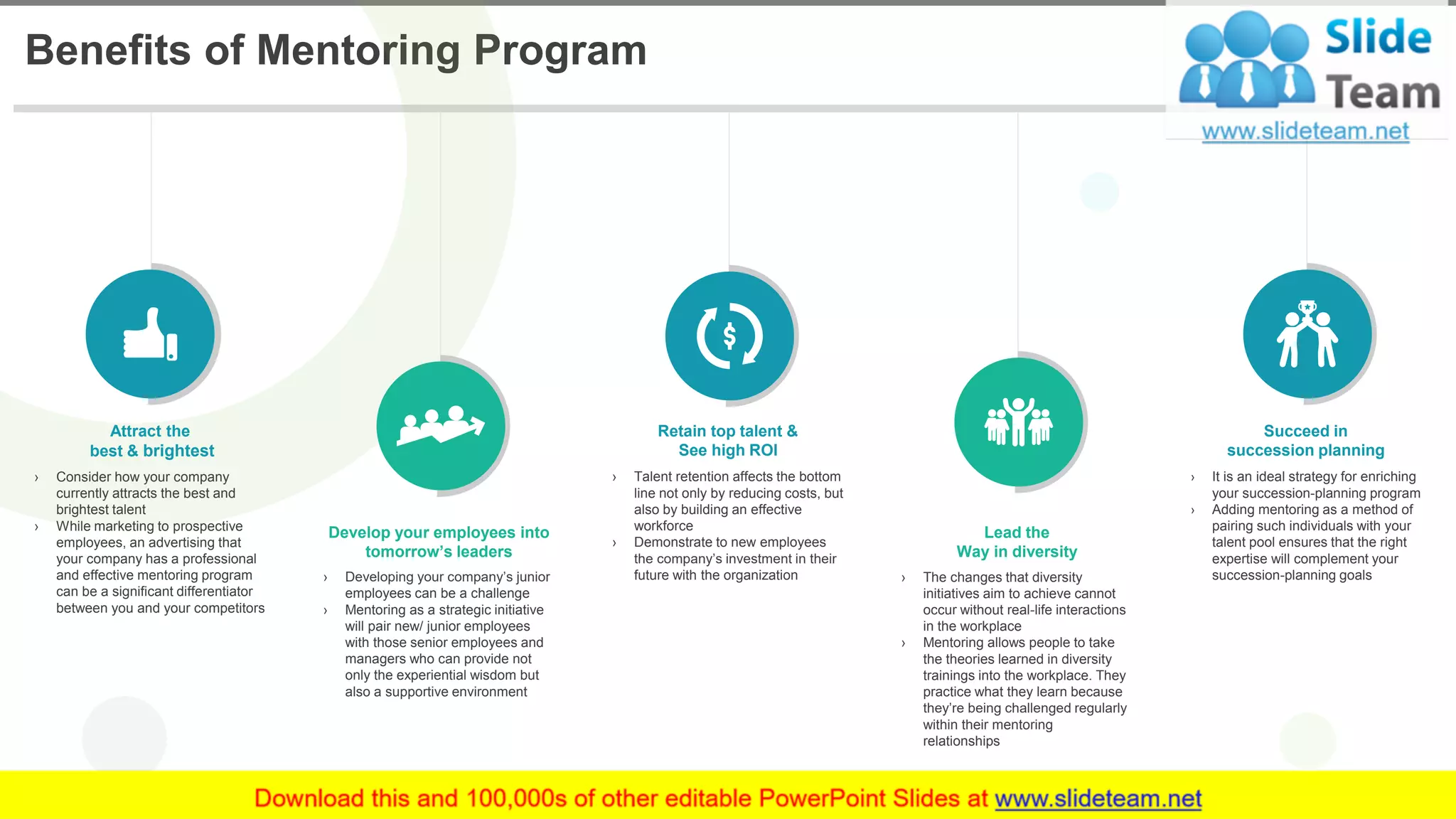 Benefits of Mentoring Program
4
Develop your employees into
tomorrow’s leaders
› Developing your company’s junior
employees can be a challenge
› Mentoring as a strategic initiative
will pair new/ junior employees
with those senior employees and
managers who can provide not
only the experiential wisdom but
also a supportive environment
Retain top talent &
See high ROI
› Talent retention affects the bottom
line not only by reducing costs, but
also by building an effective
workforce
› Demonstrate to new employees
the company’s investment in their
future with the organization
Lead the
Way in diversity
› The changes that diversity
initiatives aim to achieve cannot
occur without real-life interactions
in the workplace
› Mentoring allows people to take
the theories learned in diversity
trainings into the workplace. They
practice what they learn because
they’re being challenged regularly
within their mentoring
relationships
Succeed in
succession planning
› It is an ideal strategy for enriching
your succession-planning program
› Adding mentoring as a method of
pairing such individuals with your
talent pool ensures that the right
expertise will complement your
succession-planning goals
Attract the
best & brightest
› Consider how your company
currently attracts the best and
brightest talent
› While marketing to prospective
employees, an advertising that
your company has a professional
and effective mentoring program
can be a significant differentiator
between you and your competitors
This slide is 100% editable. Adapt it to your needs and capture your audience's attention.
 