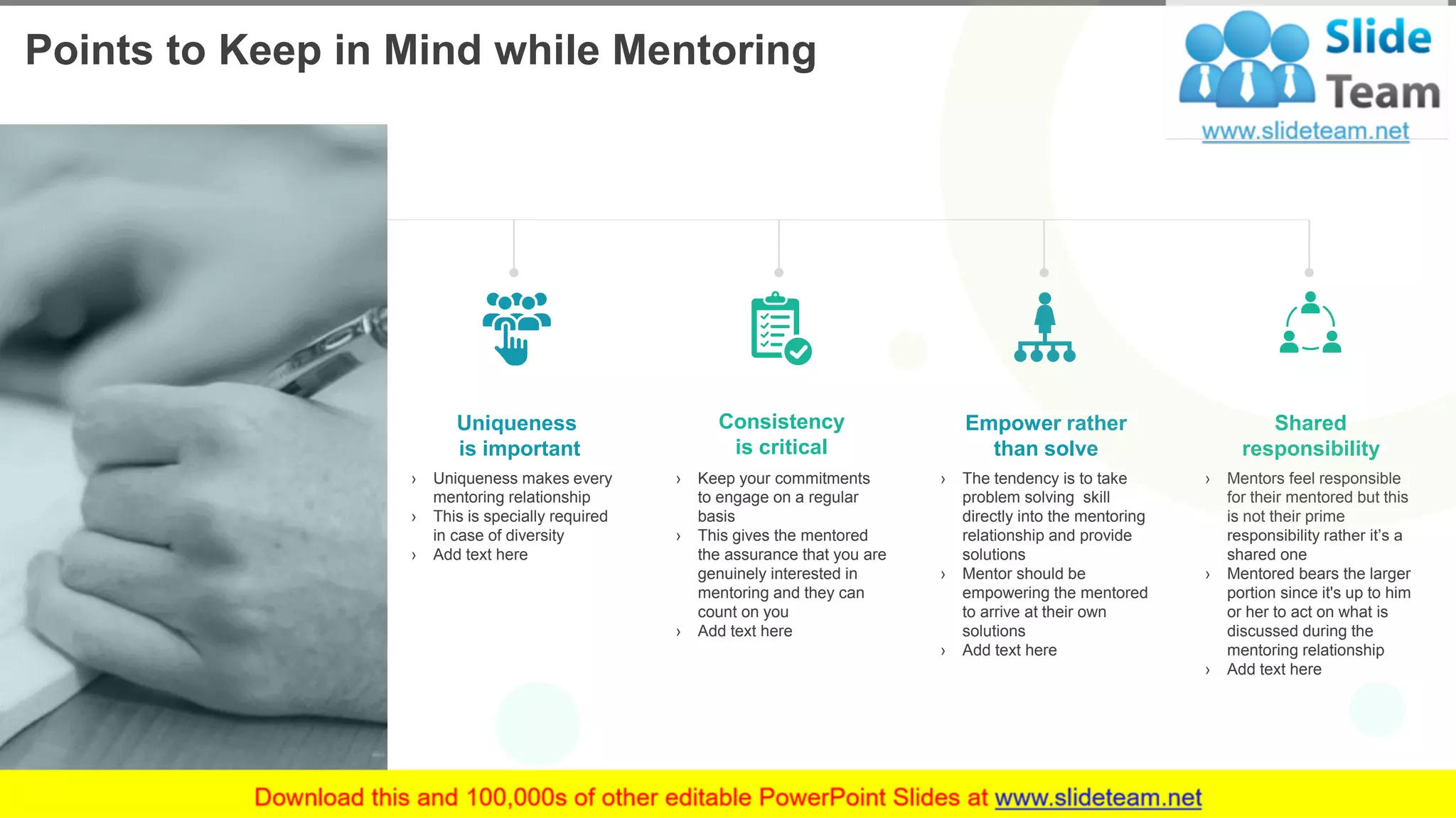 Uniqueness
is important
› Uniqueness makes every
mentoring relationship
› This is specially required
in case of diversity
› Add text here
Consistency
is critical
› Keep your commitments
to engage on a regular
basis
› This gives the mentored
the assurance that you are
genuinely interested in
mentoring and they can
count on you
› Add text here
Empower rather
than solve
› The tendency is to take
problem solving skill
directly into the mentoring
relationship and provide
solutions
› Mentor should be
empowering the mentored
to arrive at their own
solutions
› Add text here
Shared
responsibility
› Mentors feel responsible
for their mentored but this
is not their prime
responsibility rather it’s a
shared one
› Mentored bears the larger
portion since it's up to him
or her to act on what is
discussed during the
mentoring relationship
› Add text here
Points to Keep in Mind while Mentoring
5This slide is 100% editable. Adapt it to your needs and capture your audience's attention.
 