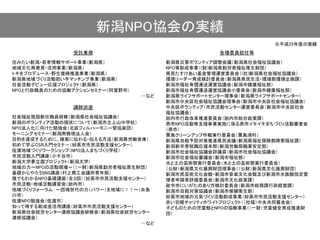 新潟NPO協会の実績
社会福祉施設新任職員研修（新潟県社会福祉協議会）
新潟のボランティア活動の現状について（新潟市立上山中学校）
NPO法人化に向けた勉強会（北区フィルハーモニー管弦楽団）
モーニングセミナー（新潟南倫理法人会）
目的を達成するために、確実に伝わる・伝える方法（新潟県労働金庫）
初めて学ぶCSR入門セミナ－（妙高市市民活動支援センター）
佐渡地域づくりワークショップ（NPO法人まちづくり学校）
市民活動入門講座（小千谷市）
新潟大学夢立国プロジェクト（新潟大学）
地域の力～NPOの活動現場～（（一財）新潟県勤労者福祉厚生財団）
基礎からやろうSNS講座（村上商工会議所青年部）
誰でもわかるNPO基礎講座（全３回）（妙高市市民活動支援センター）
市民活動・地域活動講習会（胎内市）
地域づくりフォーラム ～団塊世代の力（パワー）を地域に！！～（糸魚
川市）
佐渡NPO勉強会（佐渡市）
知って得する助成金活用講座（妙高市市民活動支援センター）
新潟県社会就労センター連絡協議会研修会（新潟県社会就労センター
連絡協議会）
…など
新潟県災害ボランティア調整会議（新潟県社会福祉協議会）
NPO等助成事業（(財)新潟県勤労者福祉厚生財団）
県民たすけあい基金管理運営委員会（(社)新潟県社会福祉協議会）
環境リーダー育成検討委員会（新潟県県民生活・環境部環境企画課）
新潟市福祉有償運送運営協議会（新潟市健康福祉部）
新潟市福祉有償運送運営協議会小委員会（新潟市健康福祉部）
新潟県ライフサポートセンター理事会（新潟県ライフサポートセンター）
新潟市中央区社会福祉協議会理事会（新潟市中央区社会福祉協議会）
中央区ボランティア・市民活動センター運営委員会（新潟市中央区社会
福祉協議会）
胎内市行政改革推進委員会（胎内市総合政策課）
燕市NPO活動等支援事業実施に係る燕市イキイキまちづくり活動審査会
（燕市）
粟島クリーンアップ作戦実行委員会（粟島浦村）
新潟県自殺予防対策推進県民会議（新潟県福祉保険部障害福祉課）
新潟新卒者就職応援本部（新潟労働局職業安定部）
新潟市社会福祉協議会評議員（新潟市社会福祉協議会）
新潟市社会福祉審議会（新潟市福祉部）
水と土の芸術祭実行委員会（水と土の芸術祭実行委員会）
（公財）新潟県文化振興財団理事会（（公財）新潟県文化振興財団）
新潟市民芸術文化会館・新潟市音楽文化会館及び新潟市水族館指定管
理者申請者評価委員会（新潟市文化政策課）
政令市にいがたのあり方検討委員会（新潟市総務課行政経営課）
新潟市自殺対策協議会（新潟市保健衛生部）
妙高市地域の元気づくり活動助成事業（妙高市市民活動支援センター）
赤い羽根チャリティホワイトプロジェクト（（社福）中央共同募金会）
子どものための児童館とNPOの協働事業（（一財）児童健全育成推進財
団）
講師派遣
各種委員就任等
※平成25年度の実績
受託業務
住みたい新潟・若者情報サポート事業（新潟県）
地域文化再発見・活用事業（新潟県）
トキをプロデュース・野生復帰推進事業（新潟県）
新潟県地域づくり活動担い手マッチング事業（新潟県）
社会活動デビュー応援プロジェクト（新潟県）
NPOと行政職員のための協働アクションセミナー（阿賀野市）
…など
 