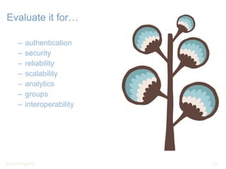 Evaluate it for… authentication security reliability scalability analytics groups interoperability 