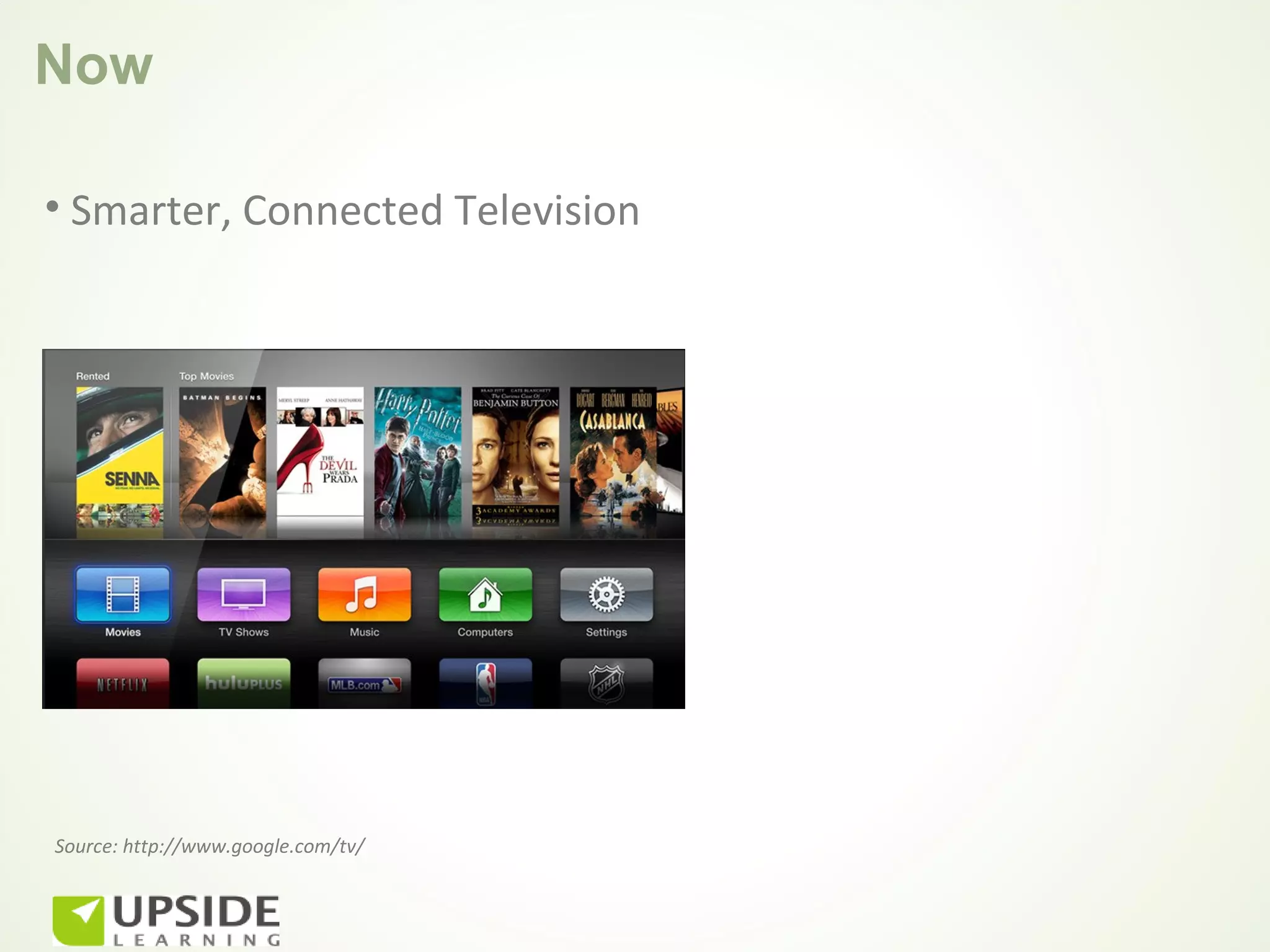 Now

• Smarter, Connected Television




Source: http://www.google.com/tv/
 