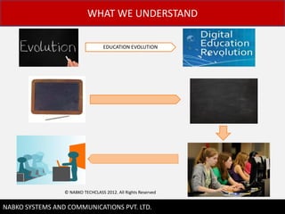 WHAT WE UNDERSTAND

                                   EDUCATION EVOLUTION




                 ? NABKO TECHCLASS 2012. All Rights Reserved

                                                               5
NABKO SYSTEMS AND COMMUNICATIONS PVT. LTD.
 