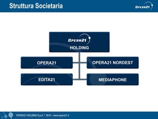 Struttura Societaria




  OPERA21 HOLDING S.p.A. © 2010 – www.opera21.it   OPERA21 © 2009 - www.opera21.it
 