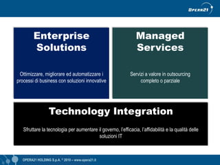 Enterprise                                              Managed
        Solutions                                               Services

 Ottimizzare, migliorare ed automatizzare i                  Servizi a valore in outsourcing
processi di business con soluzioni innovative                     completo o parziale




                  Technology Integration
   Sfruttare la tecnologia per aumentare il governo, l’efficacia, l’affidabilità e la qualità delle
                                         soluzioni IT



  OPERA21 HOLDING S.p.A. © 2010 – www.opera21.it                                       OPERA21 © 2009 - www.opera21.it
 