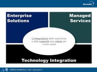 Enterprise                                                        Managed
Solutions                                                         Services



                               L’integrazione delle esperienze
                               e delle capacità crea valore per
                                         i nostri clienti




                 Technology Integration
 OPERA21 HOLDING S.p.A. © 2010 – www.opera21.it                      OPERA21 © 2009 - www.opera21.it
 