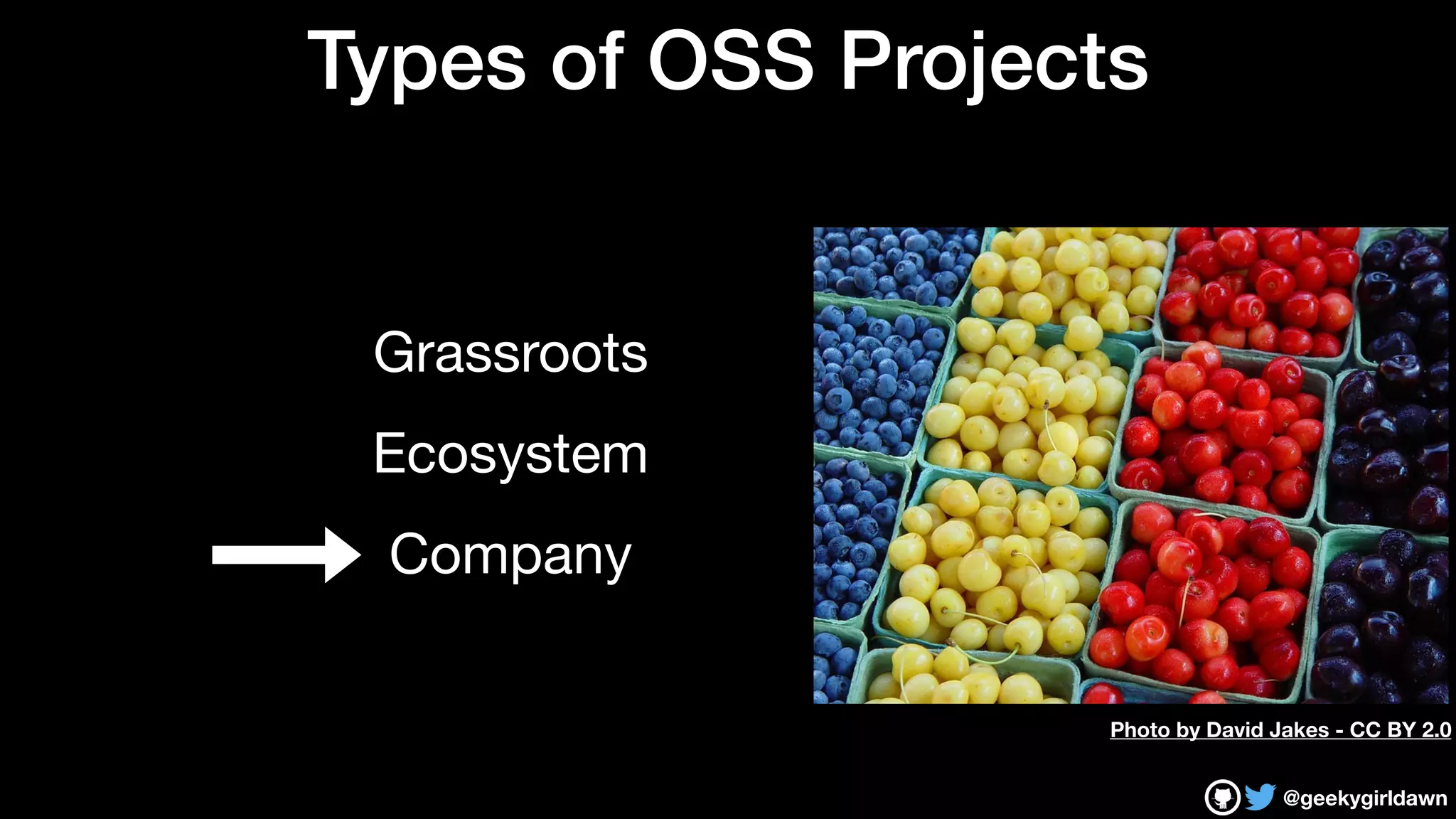@geekygirldawn
Types of OSS Projects
Grassroots

Ecosystem

Company
Photo by David Jakes - CC BY 2.0
 