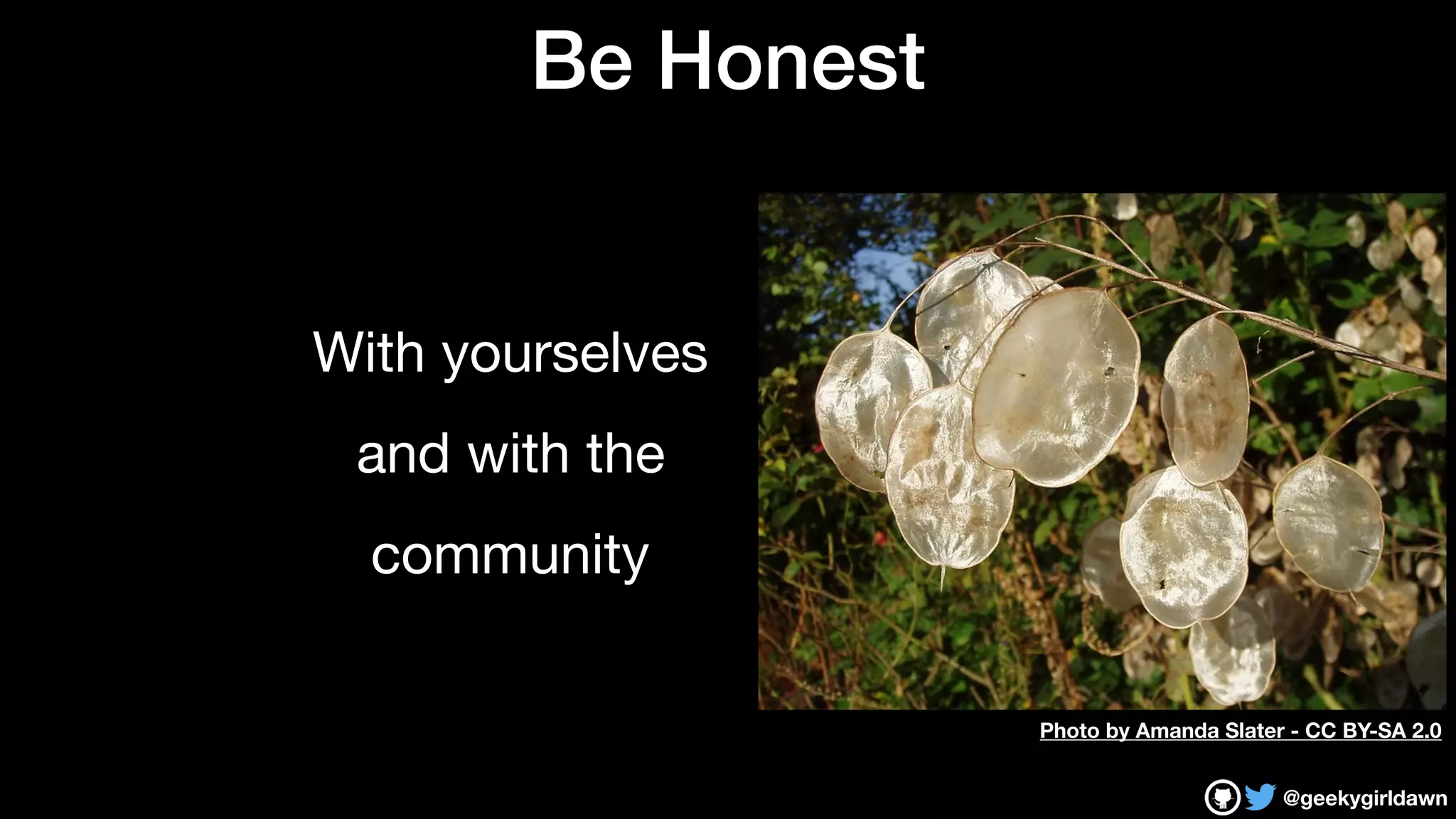 @geekygirldawn
Be Honest
With yourselves

and with the

community
Photo by Amanda Slater - CC BY-SA 2.0
 