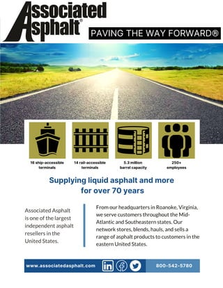 Supplying liquid asphalt and more
for over 70 years
Associated Asphalt
is one of the largest
independent asphalt
resellers in the
United States.
From our headquarters in Roanoke, Virginia,
we serve customers throughout the Mid-
Atlantic and Southeastern states. Our
network stores, blends, hauls, and sells a
range of asphalt products to customers in the
eastern United States.
www.associatedasphalt.com 800-542-5780
PAVING THE WAY FORWARD®
16 ship-accessible
terminals
14 rail-accessible
terminals
5.3 million
barrel capacity
250+
employees
 