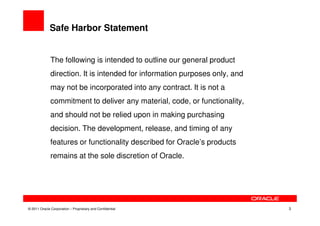 Safe Harbor Statement


              The following is intended to outline our general product
              direction. It is intended for information purposes only, and
              may not be incorporated into any contract. It is not a
              commitment to deliver any material, code, or functionality,
              and should not be relied upon in making purchasing
              decision. The development, release, and timing of any
              features or functionality described for Oracle’s products
              remains at the sole discretion of Oracle.




© 2011 Oracle Corporation – Proprietary and Confidential                     3
 