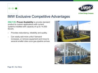 ONLY #3: Proven Scalability to provide standard
product to custom applications with current
systems installed with capacity of up to 14,000
Nm3/h.
- Provides redundancy, reliability and quality.
- Can easily add more units if demand
increases, or remove equipment and move to
several smaller sites once gas pipeline arrives
IMW Exclusive Competitive Advantages
Page 36 | Our Story
 