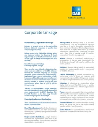 Corporate Linkage

Understanding Corporate Relationships                 Headquarters A headquarters is a business
                                                      establishment that has branches or divisions
Linkage, in general terms, is the relationship        reporting to it, and is financially responsible for
between different companies or specific sites         those branches or divisions. If the headquarters has
within a corporate family.                            more than 50% of capital stock owned by another
                                                      corporation, it also will be a subsidiary. If it owns
Linkage occurs in the D&B global database when        more than 50% of capital stock of another
one business location has financial & legal           corporation, then it is also a parent.
responsibility for another business location. There
are two types of linkage relationships in the D&B     Branch A branch is a secondary location of its
database:                                             headquarters. It has no legal responsibility for
                                                      its debts, even though bills may be paid from the
•Branch to headquarter, linkage                       branch location.
•Subsidiary to parent, linkage
                                                      Division A division, like a branch, is a secondary
There are other types of family relationships that    location of a business and it carries a branch code
occur which are not linked in the D&B database        in the D&B database.
because the affiliated company has no legal
obligation for the debts of the other company.        Limited Partnership A limited partnership is a
Examples of these types of relationships include      partnership with at least one partner with
businesses affiliated through common officers or      management responsibilities (the general partner)
situations where one corporation owns a part or       and at least one passive investor (the limited partner).
minority interest in another (50% or less) and
joint ventures, where there is a 50/50 split in       Subsidiary A subsidiary is a corporation whose
the ownership.                                        capital stock is more than 50% owned by another
                                                      corporation and will have a different legal business
The D&B D-U-N-S Number is a unique, nine-digit;       name than its parent.
non-indicative identification number assigned to
every business entity in D&B’s database. The          Parent A parent is a corporation that owns more than
D-U-N-S Number is the first step towards              50% of another corporation’s capital stock. The parent
understanding corporate relationships.                company can also be a subsidiary of another
                                                      corporation. If the parent also has branches, then it is
Understanding Business Classifications                a headquarters as well as being a parent company.

There are different classifications for businesses    Domestic Ultimate The Domestic Ultimate is an entity
in D&B Global Database                                within the family tree that is the highest-ranking
                                                      member within a specific country.
Stand-Alone Businesses Stand-alone businesses
are entities which do not have any linkage            Global Ultimate The Global Ultimate is the top most
relationships e.g. headquarter, parent, branches      responsible entity within the global family tree.
or subsidiaries.

Single Location Subsidiary A single location
subsidiary has a parent who owns >50% of its
capital stock, however, it does not have branches
or subsidiaries reporting to it.
 