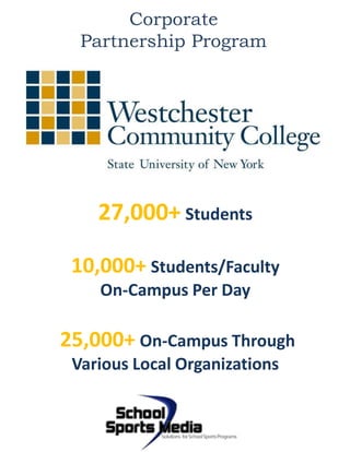 Corporate
Partnership Program
27,000+ Students
10,000+ Students/Faculty
On-Campus Per Day
25,000+ On-Campus Through
Various Local Organizations
 