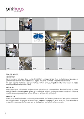 2005
La competenza è la base della nostra affidabilità. Il nostro personale viene costantemente formato per
garantire elevati livelli di servizio secondo regole di qualità, sicurezza, e rispetto dell’ambiente.
Un team esperto di chimici e biologi mette a punto le formule più performanti per rispondere in modo
mirato alle esigenze dei nostri clienti.
Siamo impegnati nel costante miglioramento dell’efficienza e dell’efficacia del nostro lavoro. Il nostro
operato viene scrupolosamente gestito secondo regole e misure di garanzia, monitoraggio e controllo di
qualità. Un servizio accurato che fa la differenza a tutela dei nostri clienti.
La Sicurezza dei lavoratori è la condizione necessaria per una realtà lavorativa sana. Per questo adottiamo
con costanza e impegno tutte le misure atte a prevenire ogni eventuale rischio ed infortunio e attuiamo
una politica continua di informazione e sensibilizzazione per tutto il nostro personale.
I nostri valori
1991 1992 1993 1994 1995 1996
3
 