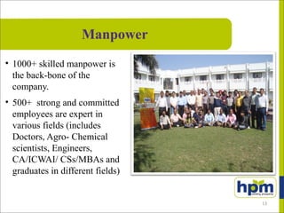 • 1000+ skilled manpower is
the back-bone of the
company.
• 500+ strong and committed
employees are expert in
various fields (includes
Doctors, Agro- Chemical
scientists, Engineers,
CA/ICWAI/ CSs/MBAs and
graduates in different fields)
Manpower
13
 