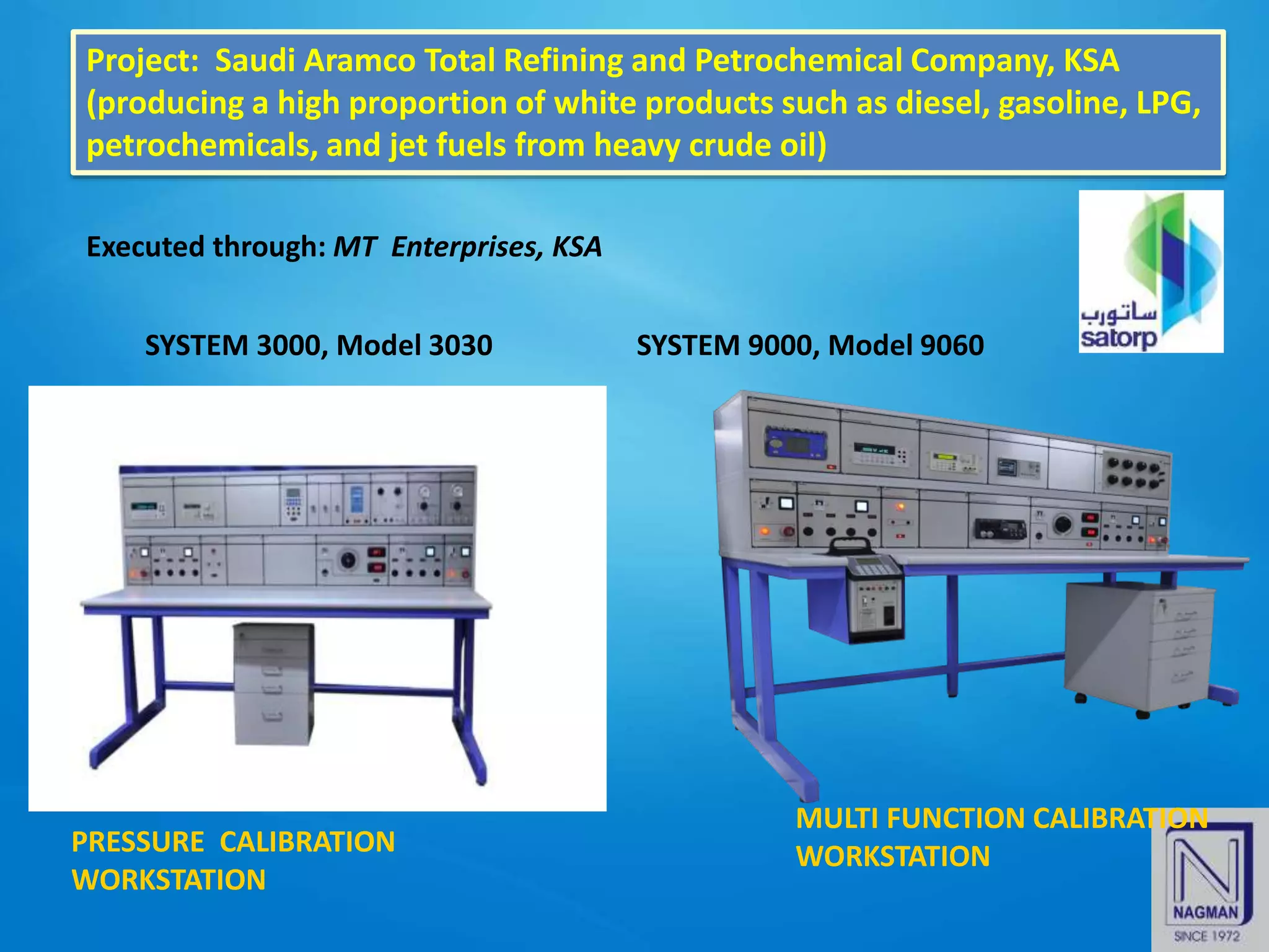 Project: Saudi Aramco Total Refining and Petrochemical Company, KSA
(producing a high proportion of white products such as diesel, gasoline, LPG,
petrochemicals, and jet fuels from heavy crude oil)
Executed through: MT Enterprises, KSA
SYSTEM 3000, Model 3030
PRESSURE CALIBRATION
WORKSTATION
SYSTEM 9000, Model 9060
MULTI FUNCTION CALIBRATION
WORKSTATION
 
