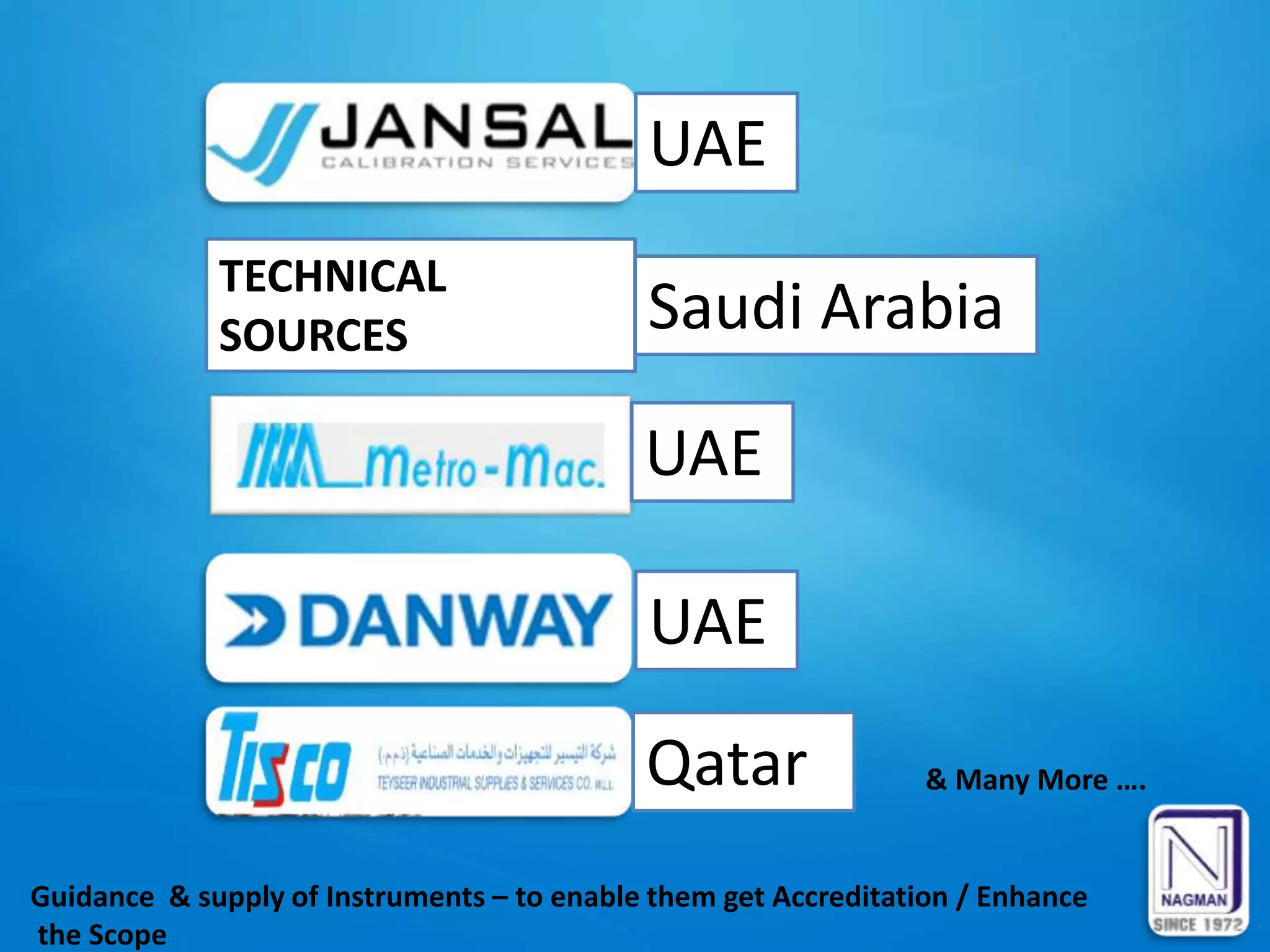 UAE
TECHNICAL
SOURCES Saudi Arabia
UAE
UAE
Guidance & supply of Instruments – to enable them get Accreditation / Enhance
the Scope
Qatar & Many More ….
 