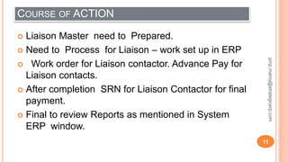 COURSE OF ACTION
 Liaison Master need to Prepared.
 Need to Process for Liaison – work set up in ERP
 Work order for Liaison contactor. Advance Pay for
Liaison contacts.
 After completion SRN for Liaison Contactor for final
payment.
 Final to review Reports as mentioned in System
ERP window.
11
pmp.manoj@strategicerp.com
 