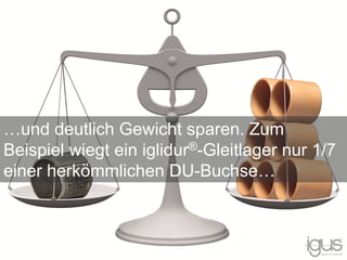 …und deutlich Gewicht sparen. Zum
Beispiel wiegt ein iglidur®-Gleitlager nur 1/7
einer herkömmlichen DU-Buchse…
 
