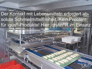 Der Kontakt mit Lebensmitteln erfordert ab-
solute Schmiermittelfreiheit. Kein Problem
für igus®-Produkte! Hier: drylin®R im Einsatz
 