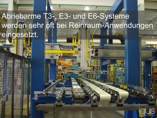 Abriebarme T3-, E3- und E6-Systeme
werden sehr oft bei Reinraum-Anwendungen
eingesetzt.
 