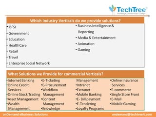 Which Industry Verticals do we provide solutions?




   What Solutions we Provide for commercial Verticals?




onDemand eBusiness Solutions                                 ondemand@techtreeit.com
 