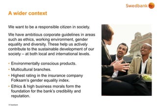 © Swedbank
A wider context
We want to be a responsible citizen in society.
We have ambitious corporate guidelines in areas
such as ethics, working environment, gender
equality and diversity. These help us actively
contribute to the sustainable development of our
society – at both local and international levels.
• Environmentally conscious products.
• Multicultural branches.
• Highest rating in the insurance company
Folksam’s gender equality index.
• Ethics & high business morals form the
foundation for the bank’s credibility and
reputation.
 